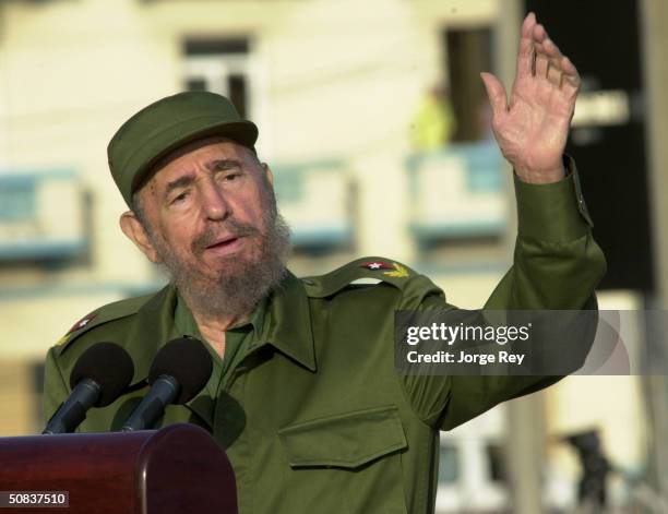 Cuban President Fidel Castro gives a speech in front of the U.S. Interest Section May 14, 2004 in Havana. Castro led a massive protest march against...
