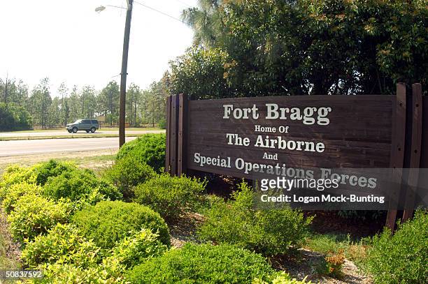 Sign shows Fort Bragg information May 13, 2004 in Fayettville, North Carolina. The 82d Airborne Division was assigned here in 1946, upon its return...