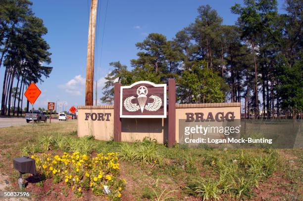 One of the entrance signs to facillities in Fort Bragg May 13, 2004 in Fayettville, North Carolina. The 82d Airborne Division was assigned here in...
