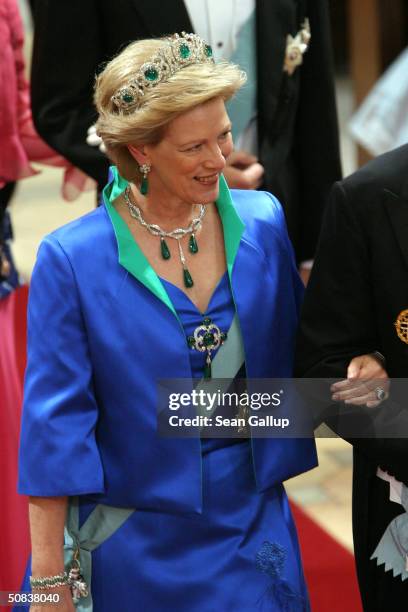 Queen Anne-Marie, sister of Danish Queen Margrethe II, and her husband King Constantine of Greece attend the wedding of Danish Crown Prince Frederik...