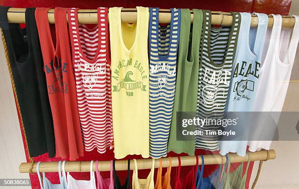 American Eagle summer clothing is displayed in a store window May 14, 2004 in Deer Park, Illinois. American Eagle Outfitters reported a record 292...