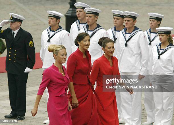 Bridesmaides from right to left, Amber Petty, Jane Stephens and Patricia Bailey arrive at the wedding of Crown Princess Mary Elisabeth Donaldson and...