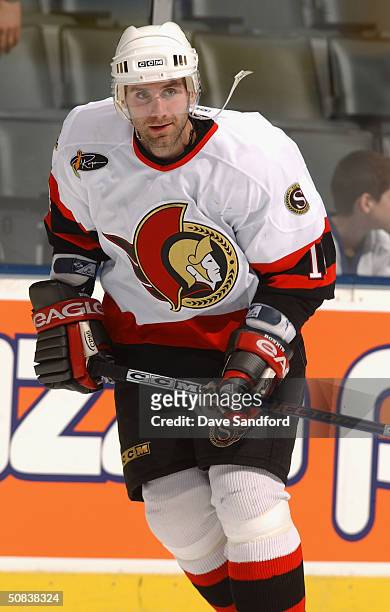 Radek Bonk of the Ottawa Senators warms up prior to the game against the Toronto Maple Leafs at Air Canada Centre on March 27, 2004 in Toronto,...