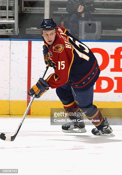Right wing Dany Heatley of the Atlanta Thrashers advances the puck against the Washington Capitals during the game at the Philips Arena on March 24,...