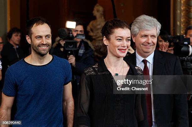 Opera de Paris director Stephane Lissner arrives with outgoing director of the Paris Opera Ballet Benjamin Millepied and his successor Aurelie Dupont...