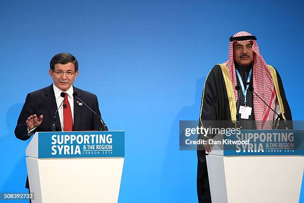 Turkish Prime Minister Ahmet Davutoglu attends the 'Supporting Syria Conference' at The Queen Elizabeth II Conference Centre on February 4, 2016 in...