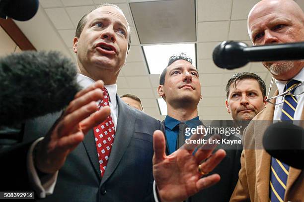 Attorney Jared Woodfill speaks to the media alongside client David Daleiden , a defendant in an indictment stemming from a Planned Parenthood video...