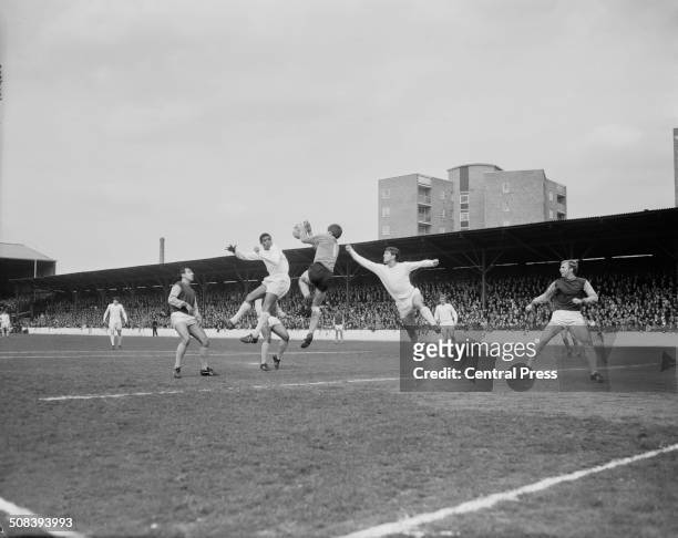 West Ham Goalkeeper Jim Standen takes the ball during an attack by Leeds United during an English Division One match at the Boleyn Ground, Upton...
