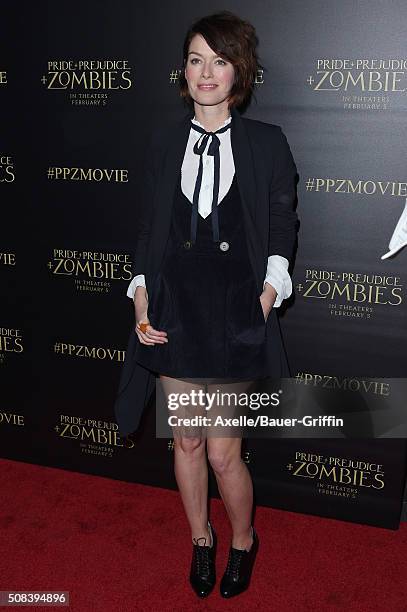 Actress Lena Headey attends the premiere of 'Pride and Prejudice and Zombies' at Harmony Gold Theatre on January 21, 2016 in Los Angeles, California.