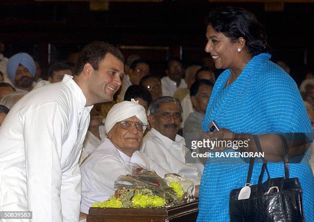 Congress Party Member of India's Parliament Renuka Choudhary greets Rahul Gandhi newly elected MP and Son of President of India's Congress Party...