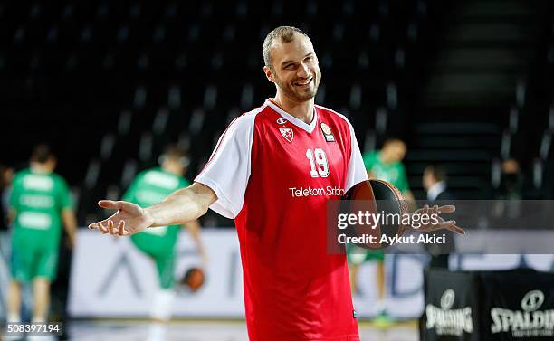 Marko Simonovic, #19 of Crvena Zvezda Telekom Belgrade warms-up prior to the Turkish Airlines Euroleague Basketball Top 16 Round 6 game between...