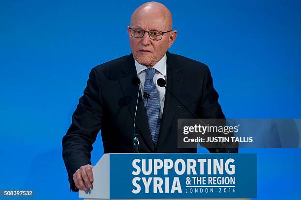 Lebanese Prime Minister Tammam Salam addresses a press conference at the QEII centre in central London on February 4 towards the end of a donors'...