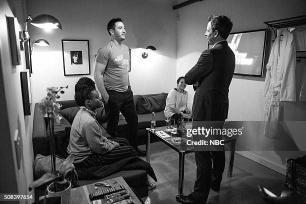 Episode 320 -- Pictured: New York Mets pitcher, Matt Harvey, talks with host Seth Meyers, backstage on February 3, 2016 --