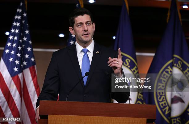 Speaker of the House Rep. Paul Ryan speaks during a news conference February 4, 2016 on Capitol Hill in Washington, DC. Ryan held his weekly news...