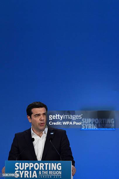 Greek Prime Minister Alexis Tsipras addresses delegates during the fourth 'Thematic Pledging Session' during the 'Supporting Syria Conference' at The...