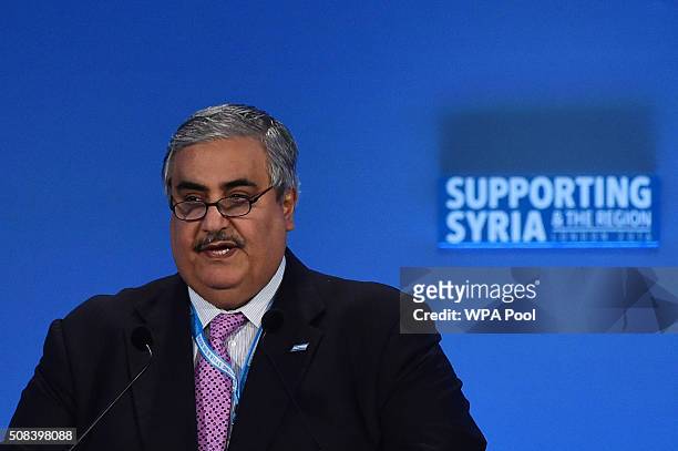 Bahraini Foreign Minister Sheikh Khalid bin Ahmad al-Khalifa addresses delegates during the fourth 'Thematic Pledging Session' during the 'Supporting...