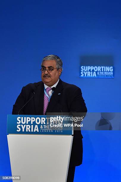 Bahraini Foreign Minister Sheikh Khalid bin Ahmad al-Khalifa addresses delegates during the fourth 'Thematic Pledging Session' during the 'Supporting...