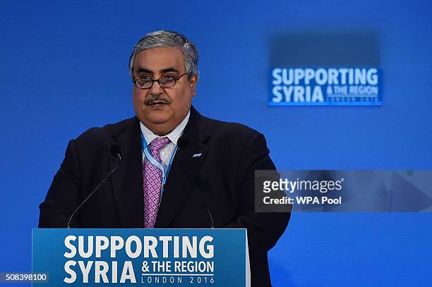 Bahraini Foreign Minister Sheikh Khalid bin Ahmad al-Khalifa addresses delegates during the fourth 'Thematic Pledging Session' during the 'Supporting...