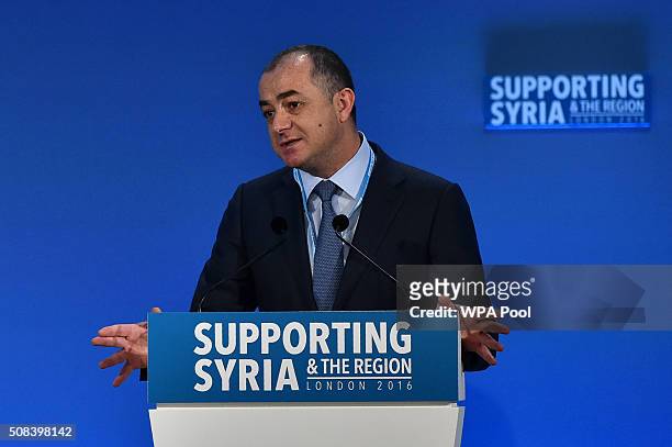 Lebanese Education Minister Elias Bou Saab addresses delegates during the fourth 'Thematic Pledging Session' during the 'Supporting Syria Conference'...