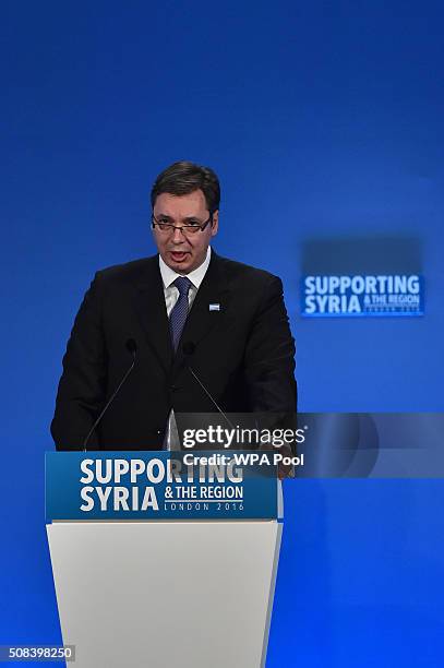 Serbian Prime Minister Aleksandar Vucic addresses delegates during the fourth 'Thematic Pledging Session' during the 'Supporting Syria Conference' at...