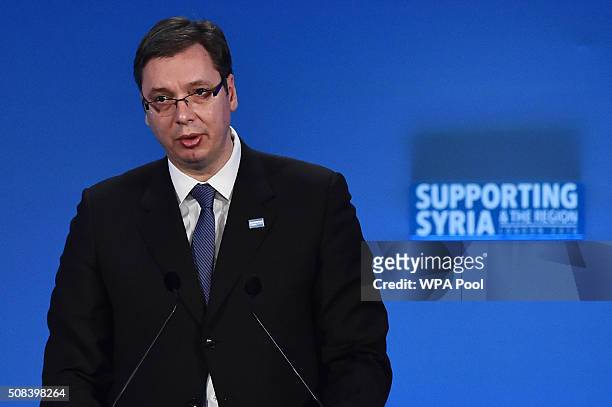 Serbian Prime Minister Aleksandar Vucic addresses delegates during the fourth 'Thematic Pledging Session' during the 'Supporting Syria Conference' at...