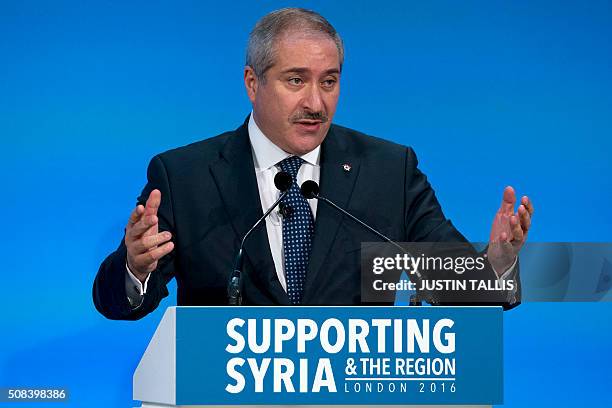 Jordanian Foreign Minister Nasser Judeh addresses a press conference at the QEII centre in central London on February 4 towards the end of a donors'...