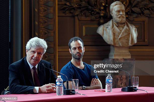 Opera de Paris director Stephane Lissner and former director of the Paris Opera Ballet Benjamin Millepied attend a press conference at the Opera...