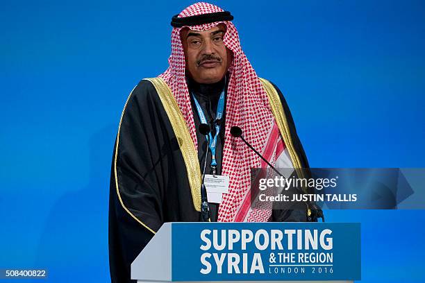 Kuwaiti Foreign Minister Sabah al-Khalid al-Sabah addresses a press conference at the QEII centre in central London on February 4 towards the end of...