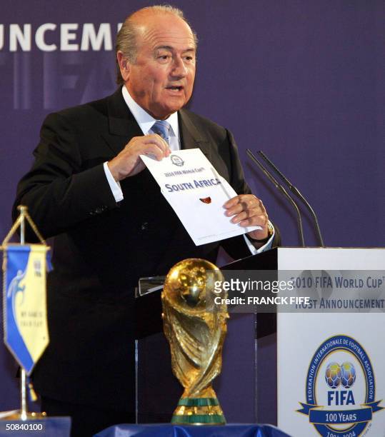 President Sepp Blatter announces "The 2010 World Cup will be organised by South Africa,"15 May 2010 at the FIFA headquarters in Zurich. South Africa...