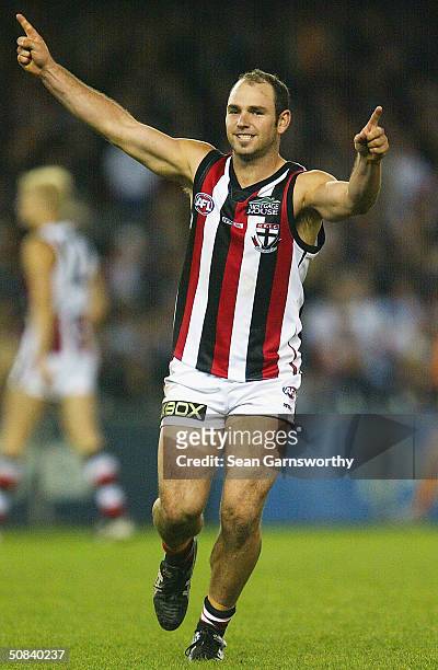 Brent Guerra for St Kilda celebrates a goal during the round eight AFL match between the St Kilda Saints and the Collingwood Magies at the Telstra...
