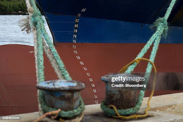 Numbers, used as a depth gauge, are seen on the side of a cargo ship docked at the Port of Everglades in Fort Lauderdale, Florida, U.S., on Friday,...
