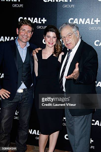 Gerald Kierzek, Chloe Nabedian and Michel Chevalet attend the 'Canal + Animators' Party At Manko on February 3, 2016 in Paris, France.