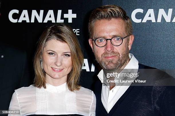 Sabine Arcizet and Alexandre Delperier attend the 'Canal + Animators' Party At Manko on February 3, 2016 in Paris, France.