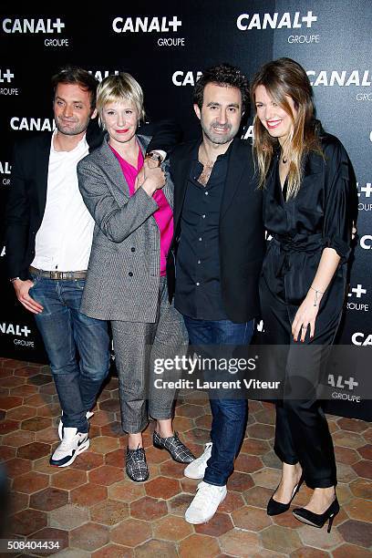 Augustin Trapenard, Maitena Biraben, Mathieu Madenian and Lauren Bastide attend the 'Canal + Animators' Party At Manko on February 3, 2016 in Paris,...