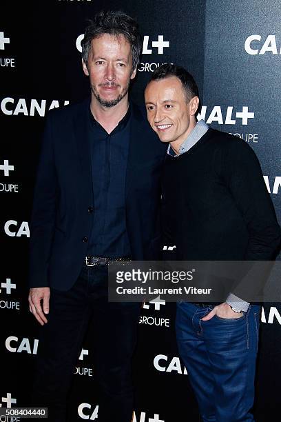 Jean-Luc Lemoine and Eric Dussart attend the 'Canal + Animators' Party At Manko on February 3, 2016 in Paris, France.