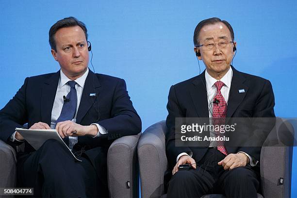 British Prime Minister David Cameron and Secretary-General of the United Nations Ban Ki-moon attend a press conference at Supporting Syria and the...