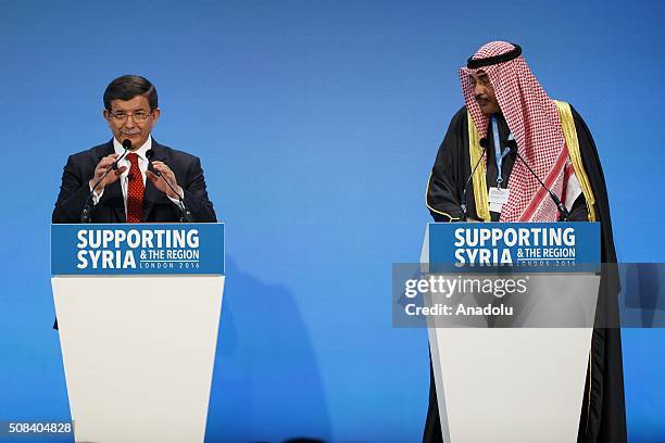 Turkish Prime Minister Ahmet Davutoglu and Sheikh Sabah Al-Khalid at a press conference during Supporting Syria and the Region Conference in London,...