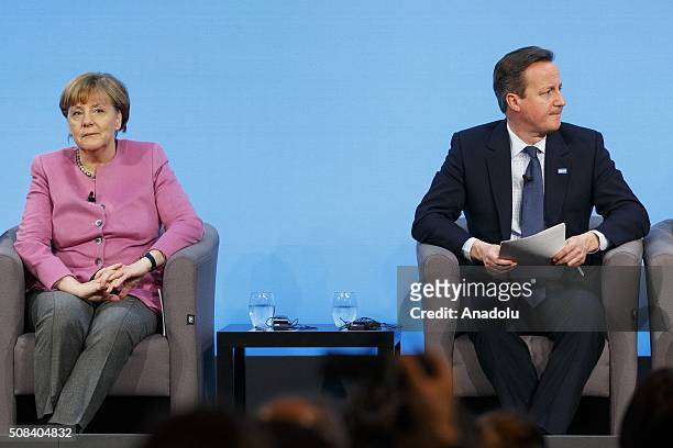 Chancellor of Germany Angela Merkel and British Prime Minister David Cameron attends a press conference at Supporting Syria and the Region Conference...
