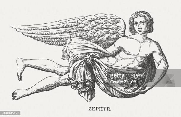 stockillustraties, clipart, cartoons en iconen met zephyr, greek god of the west wind, published 1878 - zephyros