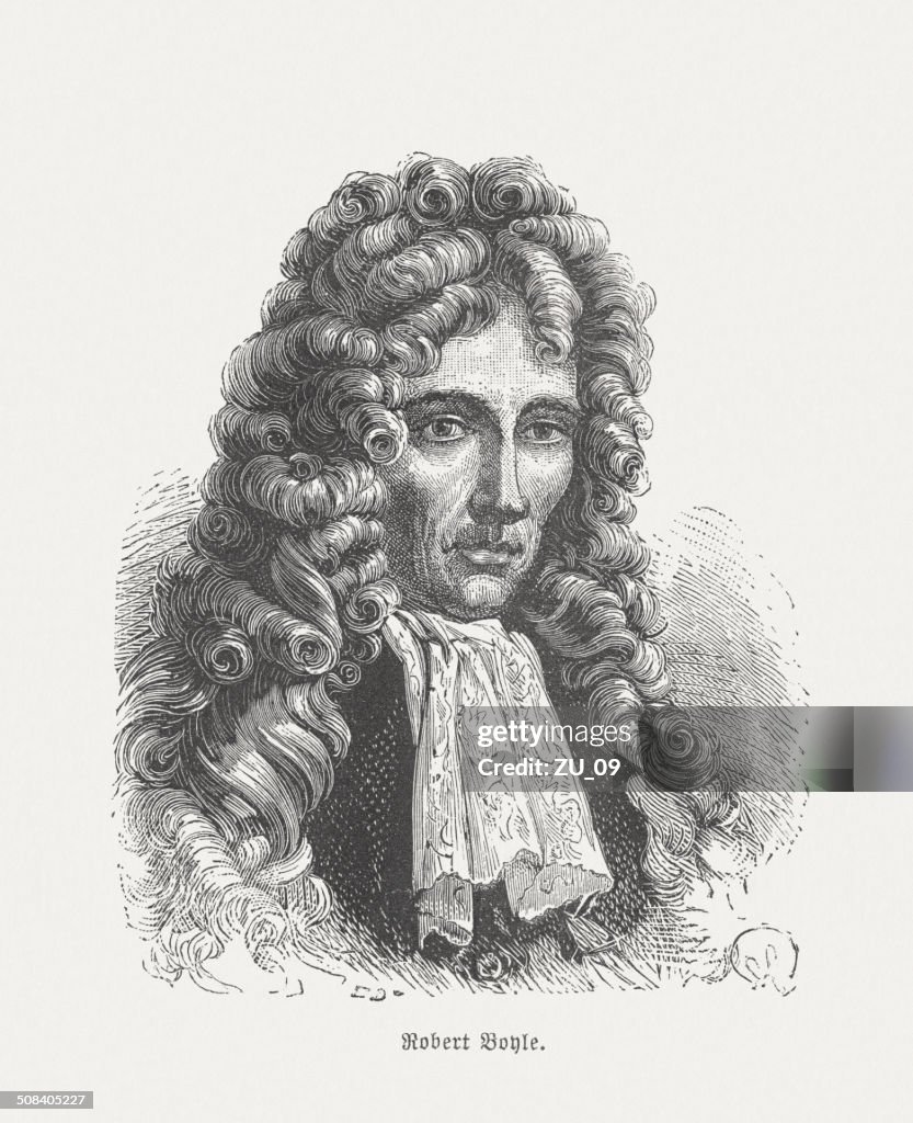 Robert Boyle (1627-1691), Irish scientist, wood engraving, published in 1877