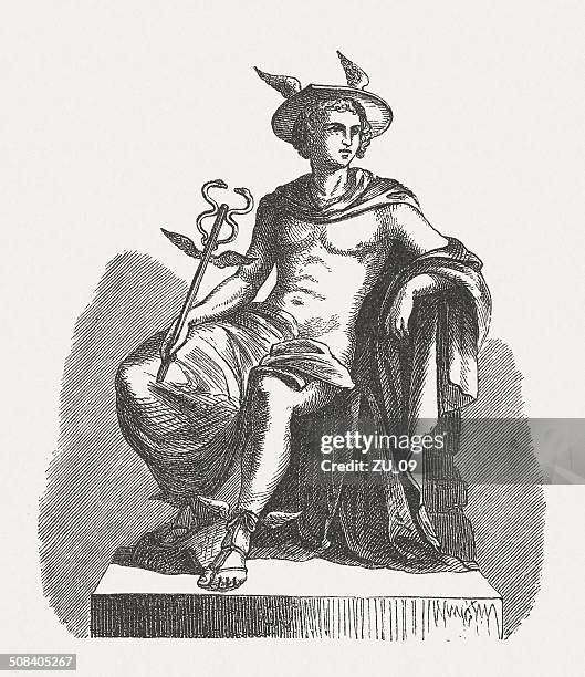hermes, messenger of the greek gods, wood engraving, published 1878 - hiking pole stock illustrations