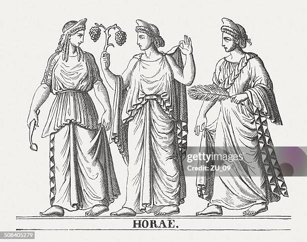 horae, greek goddesses of the seasons, wood engraving, published 1878 - greek people stock illustrations