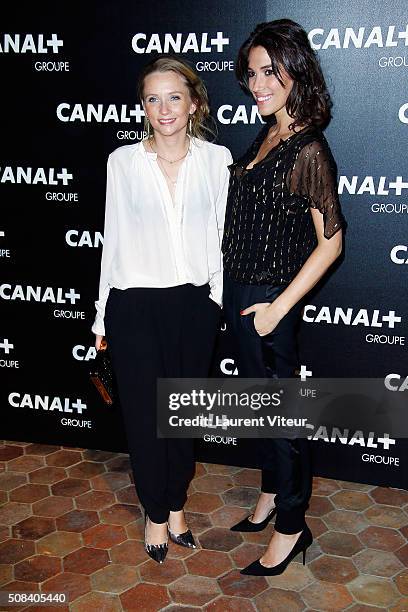 Adrienne de Malleray and Laurie Cholewa attend the 'Canal + Animators' Party At Manko on February 3, 2016 in Paris, France.