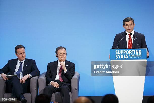 British Prime Minister David Cameron and Secretary-General of the United Nations Ban Ki-moon and Turkish Prime Minister Ahmet Davutoglu attend a...