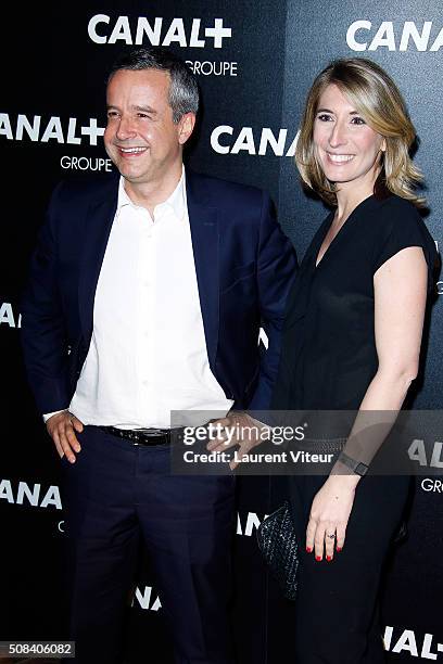 Romain Desarbres and Caroline Delage attend the 'Canal + Animators' Party At Manko on February 3, 2016 in Paris, France.