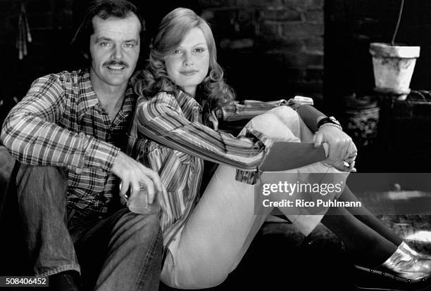 Actor Jack Nicholson and model wearing striped shirt by T. Courtney Scott Ltd., Danskin leotard, Ralph Lauren pants of cotton corduroy, Anne Klein...