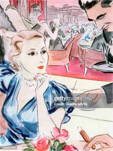 Vintage illustration of a fashionable woman at a table in a Paris restaurant, being served espresso, 1939. Screen print.