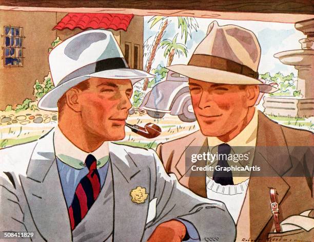 Vintage illustration of two very fashionable men in suits and hats, one with a pipe, by Robert Goodman, 1939. Screen print.