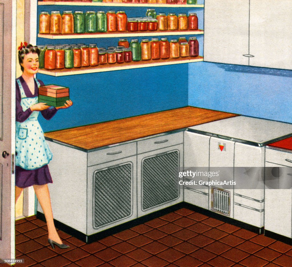 Housewife In Kitchen Pantry