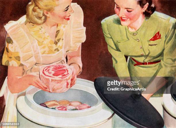 Vintage illustration of two housewives storing frozen meats in their new freezer, 1945. Screen print.